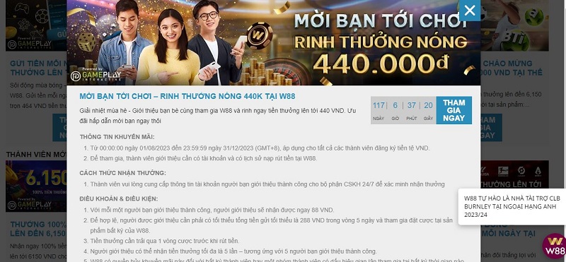 Thông tin khuyến mãi W88 tặng 440K cho anh em thành viên